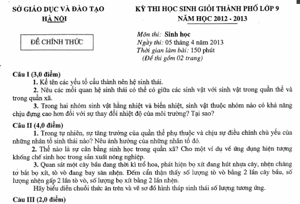Bộ đề thi HSG lớp 9 thành phố Hà Nội năm học 2012-2013
